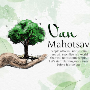 Hand holding a tree with the text 'Van Mahotsav' and a message about planting trees.
