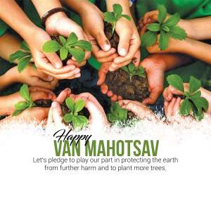 Multiple hands holding small plants and soil, celebrating Van Mahotsav.