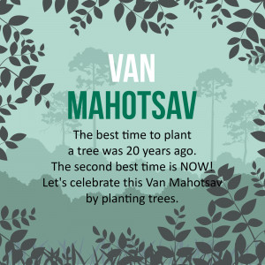 Van Mahotsav poster with tree foliage and motivational text.