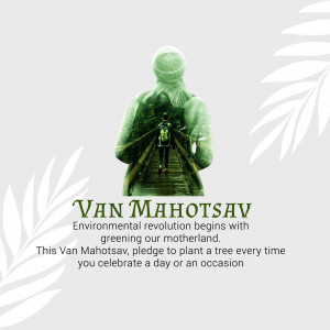 Person walking towards a tree-filled landscape with Van Mahotsav text
