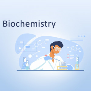 Illustration of a scientist conducting biochemistry research in a lab