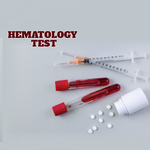 Hematology test with blood samples, syringes, and pills on a light gray background.