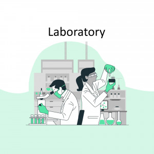 Illustration of scientists working in a laboratory setting with equipment and test tubes.