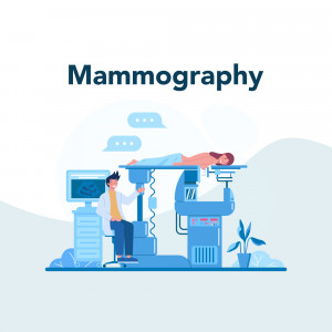 Illustration of a mammography procedure with a doctor and patient.