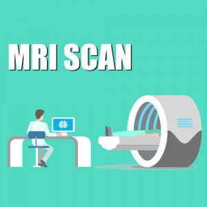 Illustration of a patient undergoing an MRI scan with a radiologist at a computer.