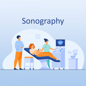 Illustration of a pregnant woman undergoing a sonography scan with a doctor and partner present.