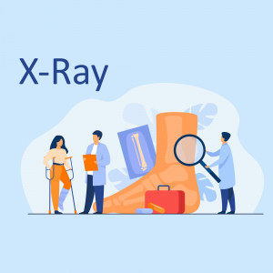 Illustration depicting an X-ray of a fractured leg with medical professionals.