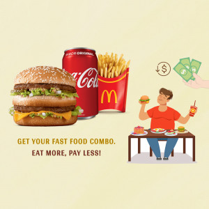 Illustration of a McDonald's combo meal with a burger, fries, and Coca-Cola, alongside a person enjoying the meal and a promotional message.