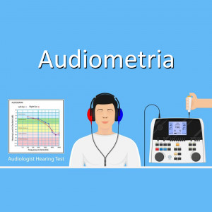 Illustration of a person undergoing an audiometry hearing test with headphones and equipment.