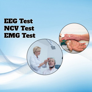 Image depicting EEG, NCV, and EMG tests being performed on patients.