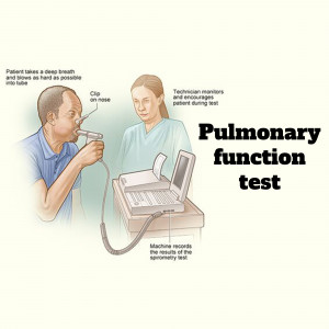Illustration of a pulmonary function test being performed on a patient.