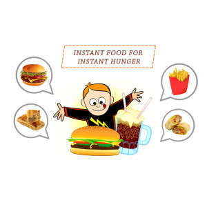 Cartoon illustration of a boy surrounded by fast food items.