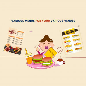 Illustration of restaurant menus and a happy customer