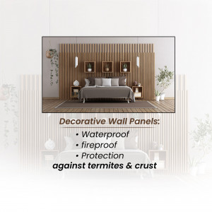 Interior design featuring a bed with a wooden slat wall paneling and decorative elements.