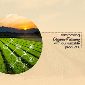 Organic farming landscape with icons representing sustainable agriculture