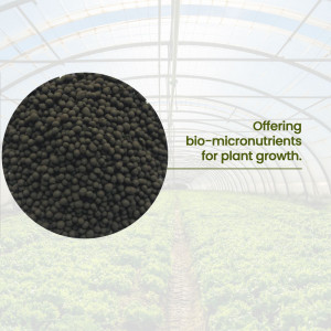 Close-up of dark brown granular bio-micronutrient fertilizer with text overlay