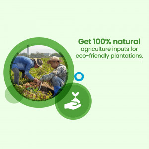 Farmers working in a field with text promoting natural agriculture inputs.