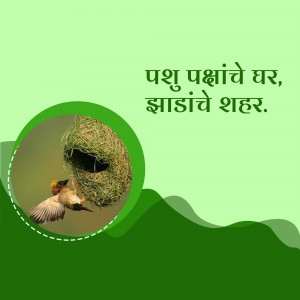 A bird feeding its young in a nest with a green background and text in Devanagari script.