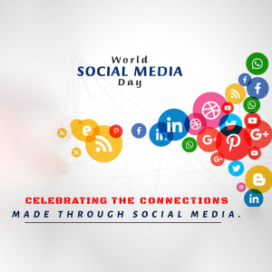Graphic celebrating World Social Media Day with various social media icons.