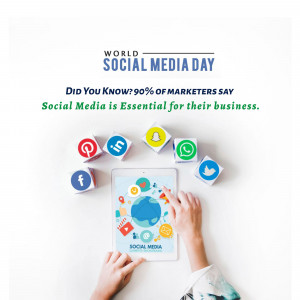 Image depicting World Social Media Day with social media icons and a tablet.
