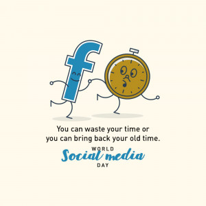 Cartoon illustration of a Facebook 'f' and a stopwatch running together with text about time management and Social Media Day.