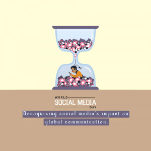 Hourglass filled with social media icons and a person using a phone, celebrating World Social Media Day.