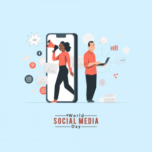 Illustration depicting people interacting with social media through a smartphone.