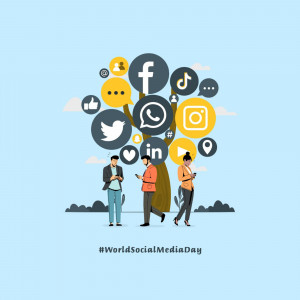 Illustration depicting people interacting with social media icons growing on a tree.