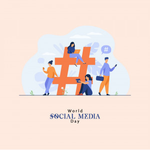Illustration depicting people interacting with a large hashtag symbol, celebrating World Social Media Day.
