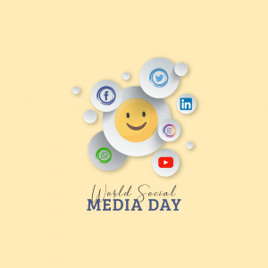 Illustration of social media icons surrounding a smiley face with the text 'World Social Media Day'