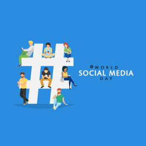 Illustration of people sitting on a large hashtag symbol with text 'World Social Media Day'