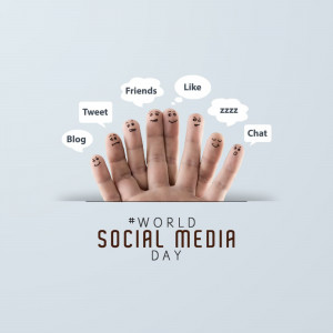 A hand with fingers decorated as social media icons and speech bubbles, with the text '#WORLD SOCIAL MEDIA DAY'.