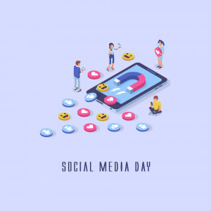 Isometric illustration of a magnet attracting social media icons and people.