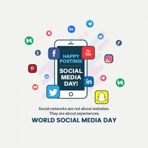 Smartphone displaying social media icons with the text 'Happy Posting! Social Media Day!'