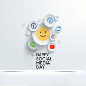 Social media icons arranged around a smiley face with the text 'Happy Social Media Day'