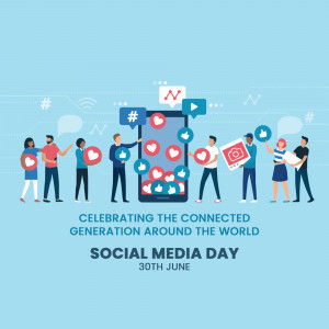 Illustration depicting people interacting with social media icons and a large smartphone.