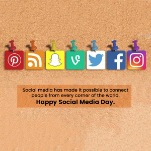 Social media icons pinned to a corkboard with text 'Happy Social Media Day'.
