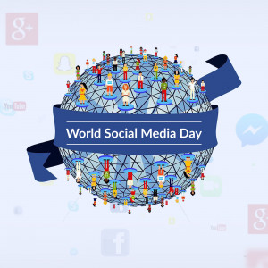 Illustration of a globe made of social media icons and people celebrating World Social Media Day.