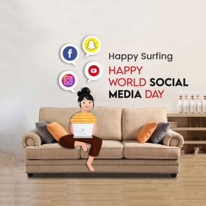 Woman using laptop on sofa with social media icons