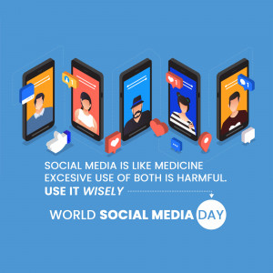 Isometric illustration of smartphones with people's faces and social media icons, with a message about responsible social media use.