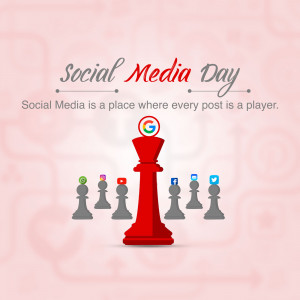 Chess pieces representing social media platforms with a red king in the center for Social Media Day.
