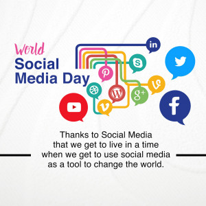 Graphic celebrating World Social Media Day with logos of various social media platforms.