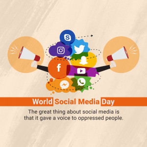 Illustration depicting various social media icons and megaphones with the text 'World Social Media Day'.