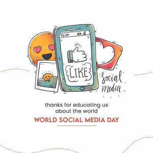 Illustration of a smartphone with social media icons and emojis, celebrating World Social Media Day.