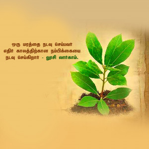 A small plant growing from soil with Tamil text overlay