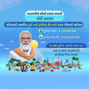 Image of Narendra Modi promoting tourism in India with a backdrop of tourist destinations.