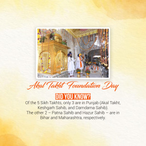 Image commemorating Akal Takht Foundation Day with a depiction of the Akal Takht and information about the five Takhts.