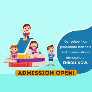 Illustration of children reading books stacked as a tower with text 'Admission Open!'