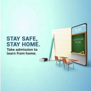 Illustration of a smartphone displaying an online classroom scene with the text 'Stay Safe, Stay Home'.