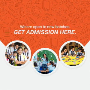 Advertisement for school admissions with images of students and teachers.